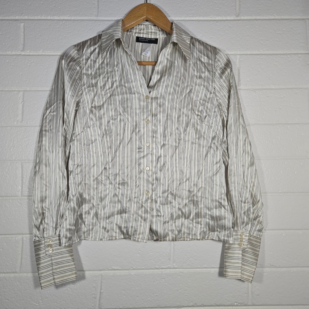 Jones New York Collection Silk Striped Button Down Shirt 8 Cream‎ Office Siren